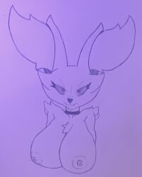 anthro areola big_breasts braixen breasts canid canine chest_tuft choker dark_eyes eyelashes fangs female generation_6_pokemon hi_res inner_ear_fluff jewelry mammal necklace nintendo nipple_outline phoxtrot pokemon pokemon_(species) shoulder_tuft solo teeth traditional_media_(artwork) tuft