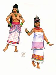 artist_signature barefoot black_hair body_paint bracelet breasts chel crossed_eyes dark-skinned_female dreamworks earrings elongated_head historical mayan native necklace red_lipstick skirt tattoos the_road_to_el_dorado zotz