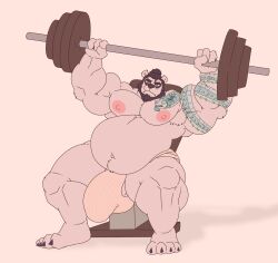 anthro balls bara beard big_balls big_penis bulge exercise facial_hair flaccid furry gab_art jockstrap jockstrap_only male male_only muscles muscular overweight penis richard_(pandad) solo solo_male tattoo tattooed_arm underwear underwear_only weightlifting