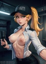 1girls ai_generated belt belt_buckle big_breasts blonde_hair female five_nights_at_freddy's five_nights_at_freddy's:_security_breach flashlight fnaf green_eyes hat indoors looking_at_viewer medium_breasts night nipples open_shirt pants ponytail puffyart scottgames security_guard uniform vanessa_(fnaf)