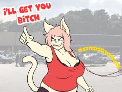 1girls anger_vein animal_ears animal_nose anthro big_breasts black_bra body_fur bra breasts capri car cat_ears cat_girl cat_tail cleavage clenched_teeth collarbone day doxxyl english_text female furry furry_female ground_vehicle large_breasts meme motor_vehicle outdoors photo_background pink_hair pointing road sky solo sweat tagme tail teeth underwear upper_body