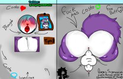 1boy anthro anus ass big_ass big_balls big_butt big_penis bubble_ass bubble_butt commission commission_art femboy femboy_only front_view furry glory_hole jespley jespleyelemofeliz male male_only mouth open_mouth purple_fur tail through_wall white_fur