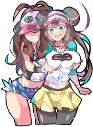 2girls angry big_breasts breast_envy breasts creatures_(company) denim_shorts enpe eyes_covered female female_only fully_clothed game_freak groping_breasts groping_from_behind hat hilda_(pokemon) midriff nintendo pantyhose pokemon rosa_(pokemon) shirt shorts skirt veins vest visor wristband yuri