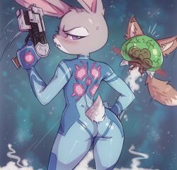 2022 absurd_res alien anthro ass bad_trigger_discipline blue_eyes blush bodily_fluids buckteeth cosplay crossover crossover_cosplay dipstick_ears dipstick_tail disney female frown fur grey_body grey_fur gun half-closed_eyes hand_on_hip handgun hi_res holding_gun holding_handgun holding_object holding_pistol holding_weapon judy_hopps lagomorph leporid looking_at_viewer looking_back mammal markings mcfli metroid metroid_(species) motion_lines multicolored_body multicolored_ears multicolored_fur narrowed_eyes nick_wilde nintendo pink_nose pistol purple_eyes rabbit ranged_weapon rear_view samus_aran_(cosplay) scut_tail short_tail solo standing sweat sweatdrop tail tail_markings teeth two_tone_body two_tone_fur weapon white_tail_tip zero_suit zootopia