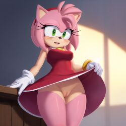 ai_generated amy_rose anthro female flashing green_eyes kitsuke no_panties png red_dress smile solo sonic_(series) sonic_the_hedgehog_(series) stable_diffusion thighhighs white_gloves