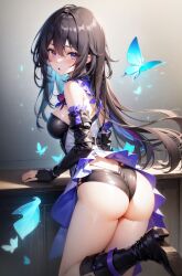 ai_generated ass ass_focus bare_shoulders black_hair blue_hair blush boots breasts female fingerless_gloves from_behind gloves honkai:_star_rail huge_ass leotard long_hair looking_at_viewer medium_breasts multicolored_hair open_mouth purple_eyes seele_(honkai:_star_rail) shiny shiny_clothes shiny_hair shiny_skin short_shorts shorts showgirl_skirt sideboob solo thighhighs very_long_hair