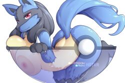 1girls against_glass anthro ass big_breasts glass hotvr looking_at_viewer lucario nude pokemon pokemon_(species) quality red_eyes smile solo tail thick_thighs white_background