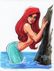 1girls 2023 5_fingers ariel disney disney_princess green_eyes hi_res huge_breasts looking_at_viewer mermaid_tail pinup red_hair scott_dalrymple tail the_little_mermaid