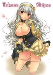 1girls blush boots breasts choker cleavage female gloves hairband highres hotei_kazuha idolmaster kneeling large_breasts long_hair panties panty_pull petals pussy_juice shijou_takane silver_hair skirt skirt_lift solo underwear