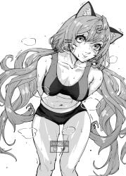 1girls ahoge animal_ears bare_midriff bare_shoulders belly_button bent_over black_and_white blush_lines braid breath_cloud cat_ears cat_girl chuckuddin exposed_shoulders exposed_torso hairclip kemonomimi long_hair long_twintails medium_breasts midriff millie_parfait navel nijisanji nijisanji_en side_braid solo solo_focus sports_bra sportswear steam steaming_body steamy_breath sweat sweating sweaty tongue tongue_out twintails virtual_youtuber