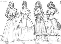 4girls adapted_costume aladdin aladdin_(1992_disney_film) arabian arabian_clothes areola aurora_(sleeping_beauty) barefoot beauty_and_the_beast_(1991_film) belle_(beauty_and_the_beast) breast_cutout breastless_clothes breasts breasts_out busty cleavage clothing crossover disney disney_princess dress erect_nipples erotic_costume erotic_earth exposed_breasts feet female female_only harem_outfit hsefra human large_breasts lineup monochrome multiple_females multiple_girls nipples princess princess_jasmine rapunzel rough_sketch royalty sleeping_beauty_(1959_film) smiling take_your_pick tangled topless topless_female useless_clothing voluptuous