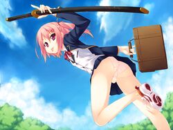 1boy :p ass bag bulge crossdressing from_below hair_ornament hairbow hairclip katana kazushiki_midori male male_only original panties pantyshot pink_eyes pink_hair pink_panties red_eyes satchel school_uniform shoes side_ponytail skirt sneakers solo sword tied_hair tongue trap twintails underwear upskirt weapon