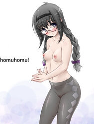 1girls ahoge akemi_homura black_hair blush braid breasts face female glasses hair_ribbon hairband hands hands_together himadarou homu long_hair mahou_shoujo_madoka_magica navel nipples no_panties pantyhose purple_eyes red-framed_glasses ribbon solo topless twin_braids underwear underwear_only