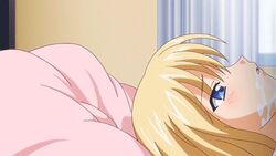 airi_akizuki animated bed blonde_hair blowjob blue_eyes blush censored clothing cum cum_in_mouth fellatio female human irrumatio lowres oni_chichi oral pajamas penis pillow saliva sleeping surprised swallowing wake_up_blowjob woken_up_by_cock