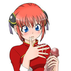 1girls blue_eyes blush censored chinese_clothes cum cum_on_body cum_on_hand cum_on_upper_body eyeliner gintama hanamiya_mitsuhiko handjob kagura_(gintama) licking orange_hair penis unseen_male_face