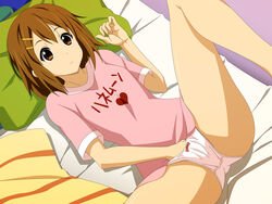 bare_legs bed bow bow_panties brown_eyes brown_hair clothes_writing clothing_writing female female_only hair_ornament hairpin hand_in_own_panties hand_in_panties heart highres human human_only k-on! lying masturbation minarui no_pants on_back panties pillow pink_panties solo spread_legs underwear yui_hirasawa_(k-on!)