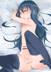 bed black_hair black_legwear black_thighhighs long_hair lying male nude rca red_eyes stocking thighhighs trap