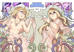 art_nouveau aya_shachou blonde_hair blue_eyes breasts hat long_hair maribel_hearn multiple_girls nipples nude short_hair tentacle topless touhou yukari_yakumo