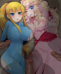 blonde_hair blue_eyes blush bodysuit bot_gg breasts cameltoe collaboration crossover dress elbow_gloves erect_nipples finger_to_mouth gloves imminent_rape large_breasts long_hair mario_(series) metroid multiple_girls multiple_penises nintendo nipples penis ponytail princess_peach samus_aran skin_tight smile super_smash_bros. tied_hair torn_clothes uncensored wink yukimimi zero_suit