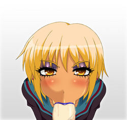 :>= blonde_hair blush eyeshadow fellatio female ganguro hair interracial lipstick looking_at_viewer makeup male nagato_yuki oral pov school_uniform sex suzumiya_haruhi_no_yuuutsu tan yuki