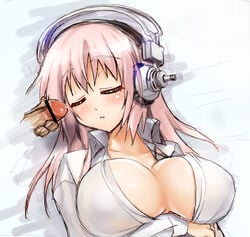 1boy 1girls breasts censored cleavage closed_eyes female hair headphones kouki_kuu large_breasts long_hair lying magic_penis male masturbation nitroplus penis pink_hair pointless_censoring precum sleeping straight super_sonico