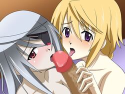 blonde_hair censored cg charlotte_dunois eye_patch fellatio grey_hair hair infinite_stratos laura_bodewig open_mouth oral purple_eyes red_eyes sex tongue