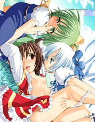 :p bare_legs blue_hair blush breasts brown_eyes brown_hair chen cirno cowgirl_position daiyousei embarrassed female flat_chest green_eyes green_hair jpeg_artifacts lying midriff multiple_girls navel nipples no_bra on_back open_clothes open_shirt panties panties_around_leg panties_around_one_leg rotated seminoyu shirt short_hair skirt tongue touhou uncensored underwear wings yuri