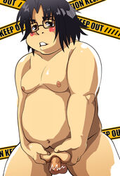 1boy black_hair blush caution_tape censored chubby fat_man glasses highschool_of_the_dead kohta_hirano male male_only nipples nude penis plump solo