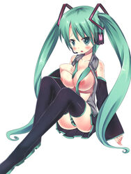 1girls aqua_eyes aqua_hair blush breasts female hatsune_miku headphones headset high_resolution long_hair naked_thighhighs nipples nude open_clothes ririko_(zhuoyandesailaer) simple_background sitting skirt solo thighhighs tied_hair twintails very_long_hair vocaloid zettai_ryouiki