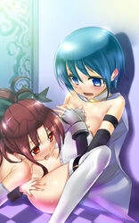 2girls against_wall bare_shoulders blue_eyes blue_hair blush bottomless cape checkered checkered_floor convenient_censoring female female_only fingerless_gloves flat_chest gloves highres kantaka licking long_hair mahou_shoujo_madoka_magica miki_sayaka multiple_girls navel nipples on_floor ponytail red_eyes red_hair sakura_kyouko saliva shadow short_hair sitting spread_legs thighhighs tied_hair tongue white_legwear yuri