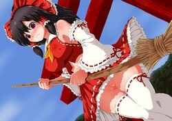 bare_shoulders black_hair blush bow breasts broom detached_sleeves dutch_angle erect_nipples female female_only from_below hair_tubes hairbow human large_breasts long_hair n_(dai_n_honpo) no_panties purple_eyes pussy pussy_juice reimu_hakurei reimu_nimutyuu solo thighhighs torii touhou uncensored upskirt white_legwear