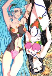 2girls bikini black_hair blue_hair breasts female funaho_masaki_jurai highres kajishima_masaki large_breasts long_hair looking_at_viewer lying married_woman mature mature_woman milf misaki_masaki_jurai mother pale-skinned_female pale_skin swimsuit tenchi_muyo! thick_thighs wide_hips