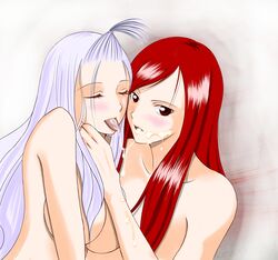 2girls blush breasts closed_eyes cum cum_in_mouth erza_scarlet facial fairy_tail female large_breasts long_hair marishiten mirajane_strauss multiple_girls nude open_mouth purple_hair red_eyes red_hair tongue tongue_out yuri