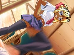 bimbo blonde_hair censored character_request crotch_stomp dark-skinned_female dark_skin feet female footjob from_below ganguro gyaru high_resolution panties penis pov school_girl school_uniform schoolgirl source_request thighhighs upskirt