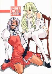 1boy 1girls 2000 axz ball_gag blonde_hair blush bondage breasts bustier chair collar corset cover cover_page crossdressing cuffs dark_skin doujin_cover dress drill_hair female femdom gag gagged gundam high_heels hiroe_rei human kihel_heim kneeling legs lingerie long_hair long_legs loran_cehack male pale-skinned_female pale_skin penis_ornament restraints saliva silver_hair sitting sochie_heim_(cosplay) stockings sweat thighhighs thighs turn_a_gundam underwear underwear_only white_ball_gag white_hair white_legwear