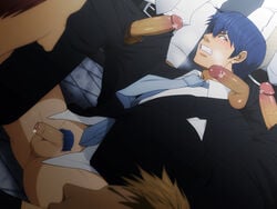 6boys bara blonde_hair blue_eyes blue_hair censored erection five_on_one flaccid forced forced_yaoi formal gay grimace group_sex highres izumi_nekotsuki male male_only male_rape_victim malesub muscle muscles necktie on_floor penis pubic_hair rape sensoraou sitting star suit tile uniform unzipped yaoi