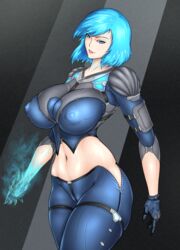 absurdres black_background blue_eyes blue_hair breasts covered_nipples eyebrows_visible_through_hair female highres huge_filesize large_breasts latex looking_at_viewer nyx_(quake_champions) puffy_nipples quake quake_champions short_hair standing sweat thick_thighs tight_clothing wide_hips