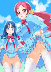 alternate_costume blue_eyes blue_hair blush censored clothing cosplay cure_blossom cure_marine erika_kurumi garter_belt heartcatch_precure! inazuma long_hair magical_girl multiple_girls nipples no_panties pink_eyes pink_hair precure pretty_cure ribbon satou_shouji school_uniform skirt skirt_lift small_breasts smile stockings sweat thighhighs tied_hair tsubomi_hanasaki twintails