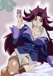 breasts cleavage condom covering erect_nipples fuya's_mother garter_belt large_breasts no.83_galaxy_queen no_panties number_83_galaxy_queen smile straw_(artist) yu-gi-oh! yu-gi-oh!_zexal yuu-gi-ou_zexal