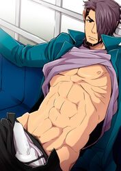 1boy abs black_hair brown_hair bulge inazuma_eleven inazuma_eleven_(series) kudou_michiya male male_only muscle muscles percival_travis shirt_lift solo