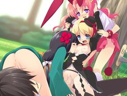 1boy 3girls alice_futarimeno alice_parade animal_ear black_hair blonde_hair blue_eyes breast_sucking breasts bunny_ear cute flower funny_odoodo itou_noiji luna_hatsujou_usagi multiple_girls noizi_itou pink_hair purple_eyes pussy reverse_spitroast sex teamwork uncensored vaginal_penetration yamane_inemuri