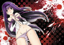 1girls akemi_homura bare_legs bare_shoulders blush breasts covering covering_breasts female hairband hands_on_own_chest hands_to_chest long_hair lonmiy mahou_shoujo_madoka_magica midriff mound_of_venus navel no_pants off_shoulder panties panty_pull polka_dot polka_dot_background purple_eyes purple_hair pussy_peek shirt solo stain tear torn_clothes torn_shirt underwear