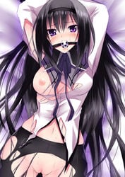 1girls akemi_homura arms_up ball_gag black_hair blush bondage breasts daive female gag gagged hairband highres long_hair mahou_shoujo_madoka_magica navel nipples pantyhose purple_eyes pussy shirt solo tear tied_up torn_clothes torn_pantyhose torn_shirt uncensored