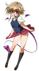 black_legwear blush brown_hair collar cute_fang demon_tail demon_wings erect_nipples female horns kneehighs mochiko_(x-game) no_panties open_mouth original pussy red_eyes school_uniform shoes short_hair simple_background skirt socks solo succubus tail thighs uncensored white_background wings