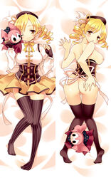 bed bed_sheet beret blonde_hair blush breasts charlotte_(madoka_magica) corset dakimakura drill_hair feathers from_behind hair_ornament hairclip hat hug large_breasts looking_back lying magical_girl mahou_shoujo_madoka_magica nipples on_back pussy rie_(reverie) skirt smile striped striped_legwear thighhighs tied_hair tomoe_mami twintails uncensored wink yellow_eyes zettai_ryouiki