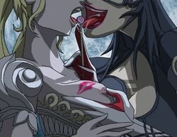 2girls areola bayonetta bayonetta_(character) bishoujo_senshi_sailor_moon black_hair blonde_hair breast_grab breasts clothing female kiss_mark large_breasts lip_prints lipstick lipstick_on_breast lollipop multiple_girls nipples princess_serenity saliva sega tongue_out tyrranux usagi_tsukino voluptuous yuri