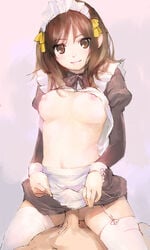 breasts brown_eyes brown_hair cowgirl_position female garter_straps hairband kage_yuu maid maid_headdress male nipples penis penis_under_clothes ribbon sex short_hair skirt skirt_lift smile straddle straight suzumiya_haruhi suzumiya_haruhi_no_yuuutsu thighhighs uncensored