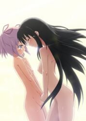 2girls akemi_homura ardnades black_hair blush breasts closed_eyes female flat_chest forehead-to-forehead forehead_to_forehead hair_ribbon hairband hand_holding highres holding_hands human madoka_kaname mahou_shoujo_madoka_magica multiple_girls nipples nude pink_eyes pink_hair ribbon short_hair short_twintails tear tied_hair twintails wholesome yuri