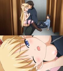 airi_akizuki animated blonde_hair blue_eyes blush boots bouncing_breasts bow breasts clothing female held_up human knee_boots male netorare ntr oni_chichi oni_chichi_rebirth panties pink_panties rape sex split_screen stockings straight striped striped_legwear striped_thighhighs sweat underwear upright_straddle