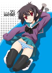 a_channel baseball_bat black_hair black_legwear blush female female_only human mutsuki_ginji panties pantyshot pleated_skirt red_eyes school_uniform serafuku shoes short_hair skirt sleeves_past_wrists solo striped striped_panties sweater thighhighs tooru_ichii underwear uwabaki